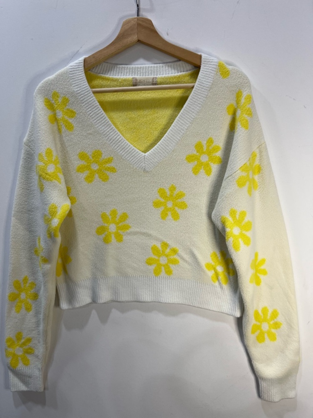 Altar'd State Cream V-Neck Sweater with Yellow Daisy Pattern